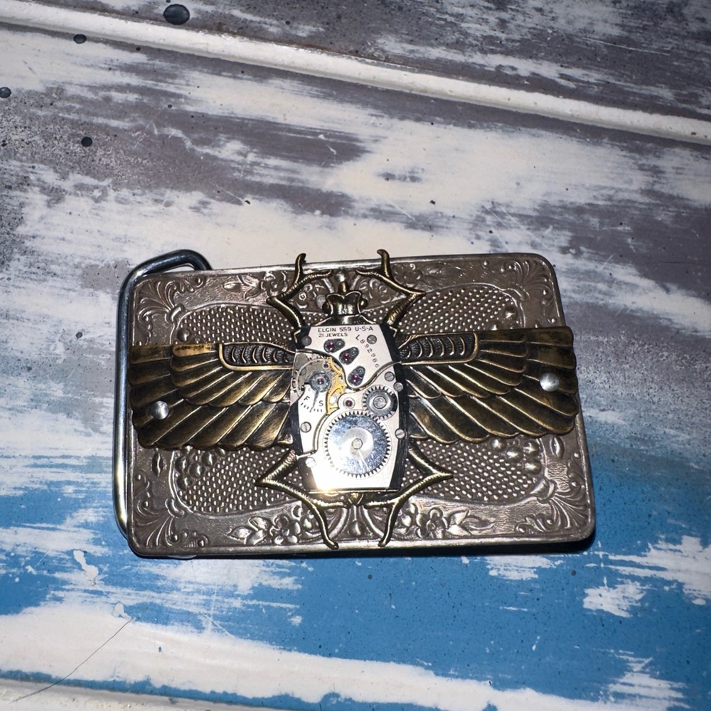 Steampunk Handmade from Vintage Watch Movements Silver & Gold Scarab Belt Buckle